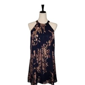 One Clothing Los Angeles Black Matalic Patterned Halter Swing Dress